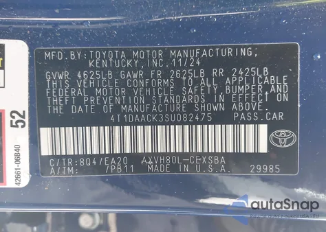 2025 Toyota Camry Se z USA, uszkodzony, nr VIN 4T1DAACK3SU082475